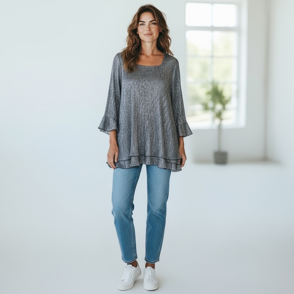 CJ Banks Silver Ruffle Metallic Tunic Top